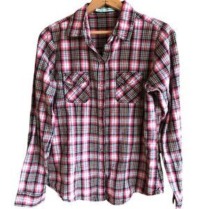 Maurice's Snap-Down Red Plaid Shirt, Lightweight Red Black White Yellow, Size L